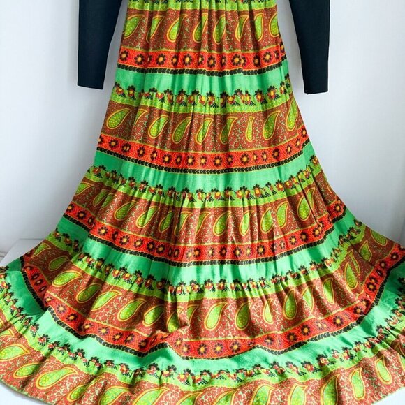 Vintage Neon Green Ornage Paisley Print Long  Sleeve Maxi Dress S - Picture 2 of 6